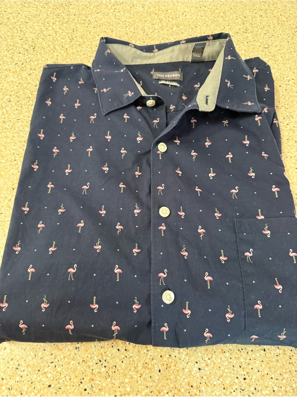 Van Heusen Men's XXL Navy Flamingo Print Button-Up Shirt